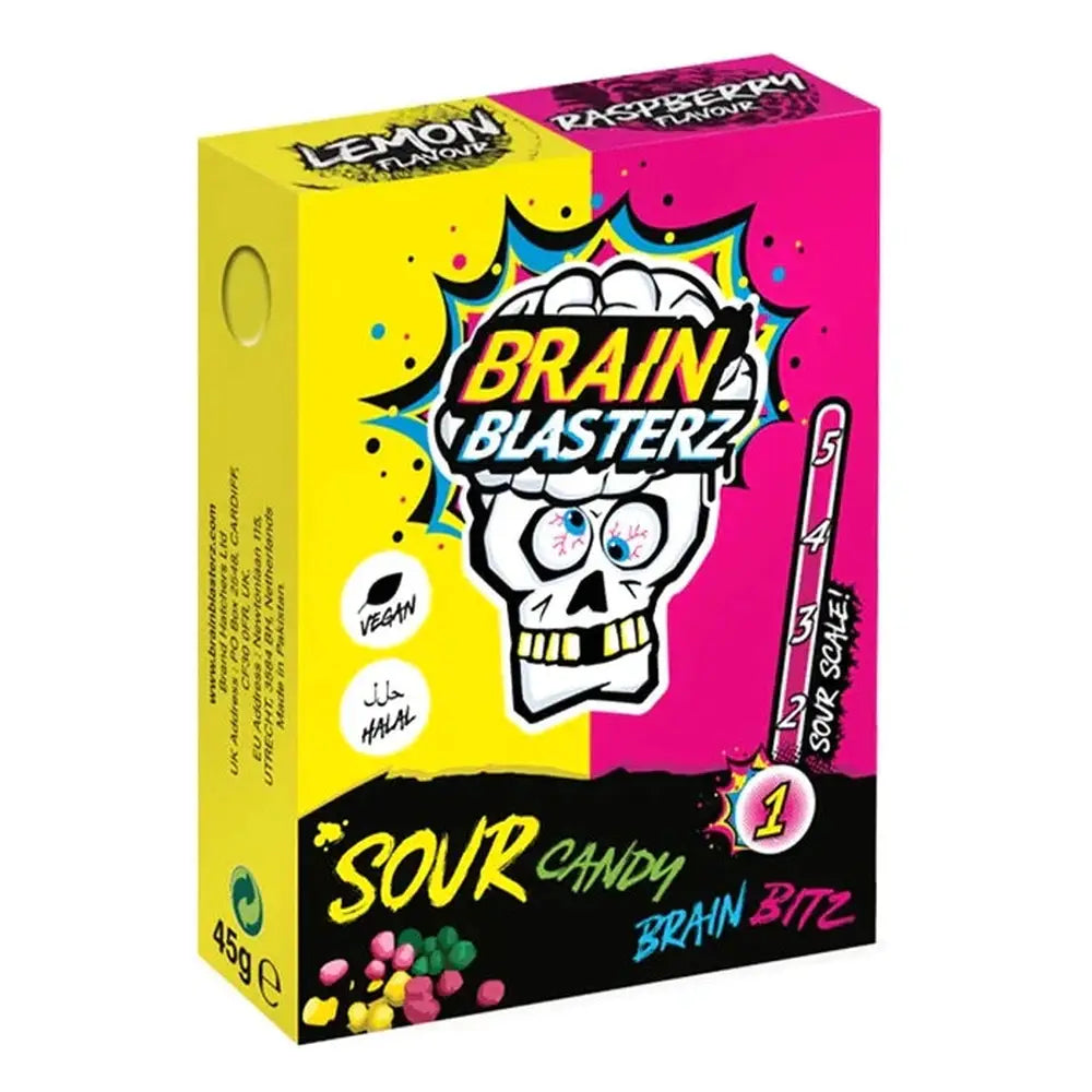 Un carton jaune à gauche et rose à droite, avec au centre une tête de squelette qui louche et son cerveau qui explose. Le tout sur un fond blanc