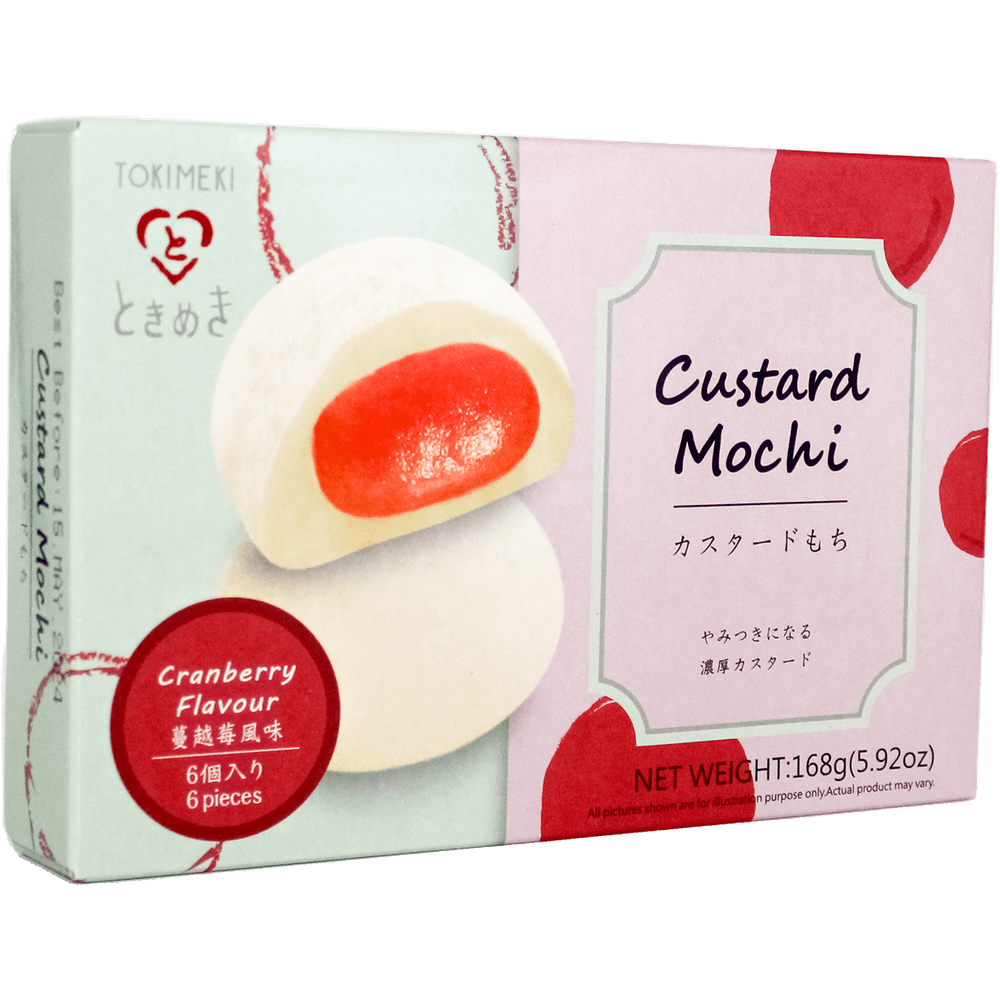 Un carton rose sur fond blanc avec 2 mochis blancs les uns sur les autres, et celui du dessus est rempli d’une crème rouge